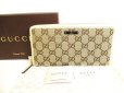 Photo1: GUCCI GG Brown Canvas White Leather Round Zip Long Wallet #9565 (1)