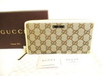 GUCCI GG Brown Canvas White Leather Round Zip Long Wallet #9565