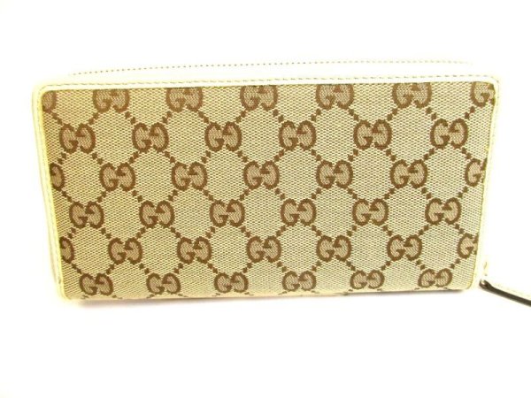 Photo2: GUCCI GG Brown Canvas White Leather Round Zip Long Wallet #9565