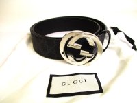 GUCCI Interlocking G Buckle GG Black Leather Belt Size M #9575