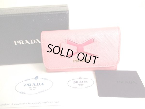 Photo1: PRADA Pink Saffiano Leather Ribbon Motif 4 Pics Key Cases #9577