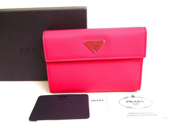 Photo1: PRADA Peonia Pink Nylon Black Leather Bifold Wallet Purse #9592