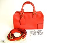 LOEWE Sand Red Calf Leather Hand Bag Purse W/Strap Amazona 28 #9615