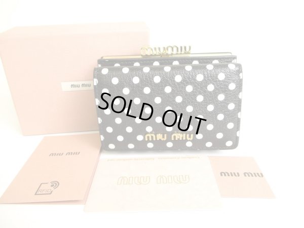 Photo1: miumiu Black Madras Leather Dot Pattern Trifold Wallet Compact Wallet #9636