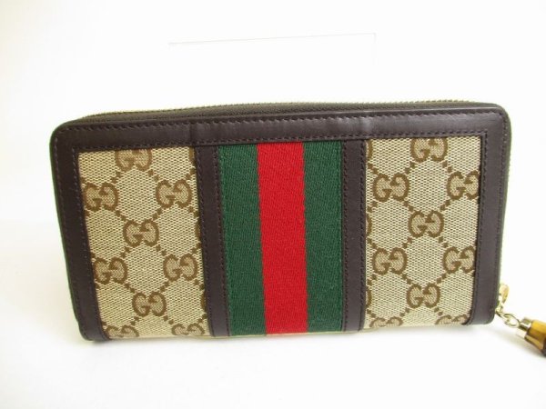 Photo2: GUCCI GG Brown Canvas Round Zip Wallet #9643