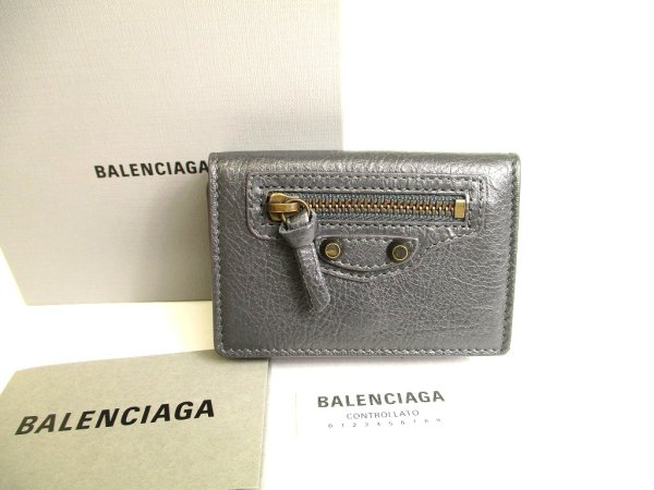 Photo1: BALENCIAGA Dark Gray Leather Trifold Mini Wallet Classic #9653