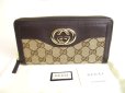 Photo1: GUCCI GG Brown Canvas and Leather Round Zip Long Wallet #9658 (1)