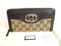 GUCCI GG Brown Canvas and Leather Round Zip Long Wallet #9658