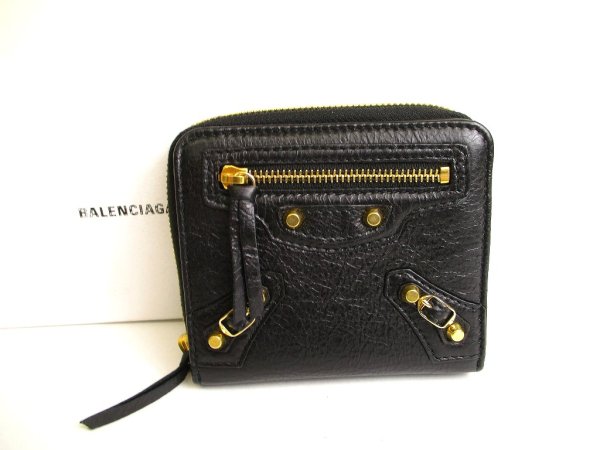 Photo1: BALENCIAGA Classic Black Leather Bifold Wallet Compact Wallet #9665