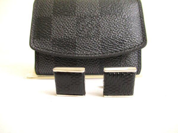 Photo1: LOUIS VUITTON Damier Graphite Steel Black Leather Cufflinks Cuffs #9686