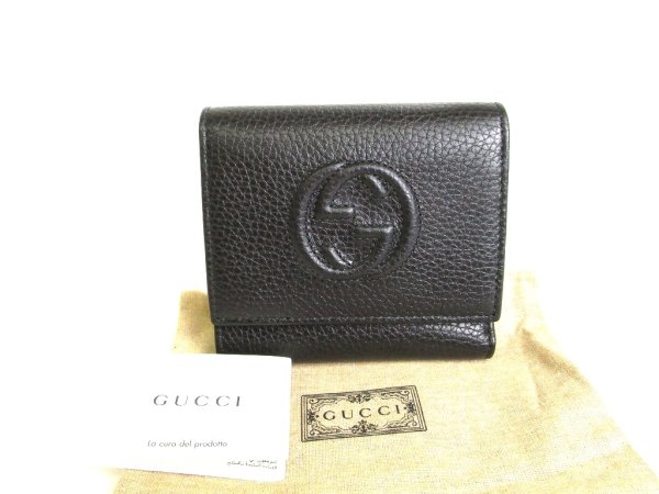 Photo1: GUCCI Soho Interlocking G Black Leather Trifold Wallet Purse #9715
