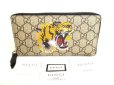 Photo1: GUCCI Brown GG Leather Tiger Motif Round Zip Long Wallet #9718 (1)