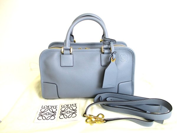 Photo1: LOEWE Light Blue Calf Leather Hand Bag Purse W/Strap Amazona 28 #9720