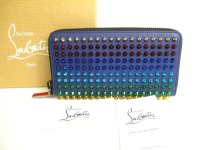 Christian Louboutin Panettone Navy Blue Leather Mix Spikes Round Zip Wallet #9732