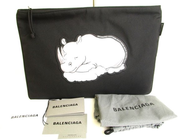 Photo1: BALENCIAGA Black Nylon white rhinoceros Motif Clutch Bag Pouch #9735