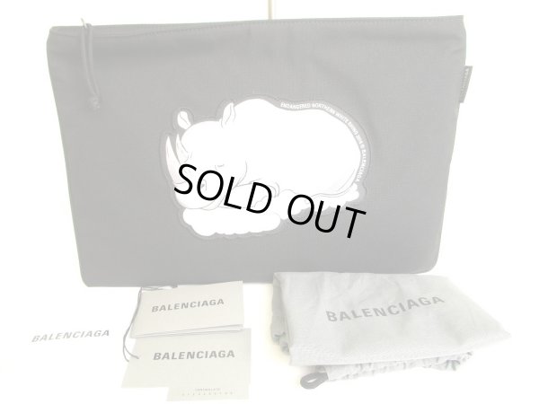 Photo1: BALENCIAGA Black Nylon white rhinoceros Motif Clutch Bag Pouch #9735