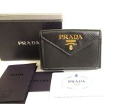 PRADA Black Saffiano Metal Leather Trifold Wallet Compact Wallet #9736