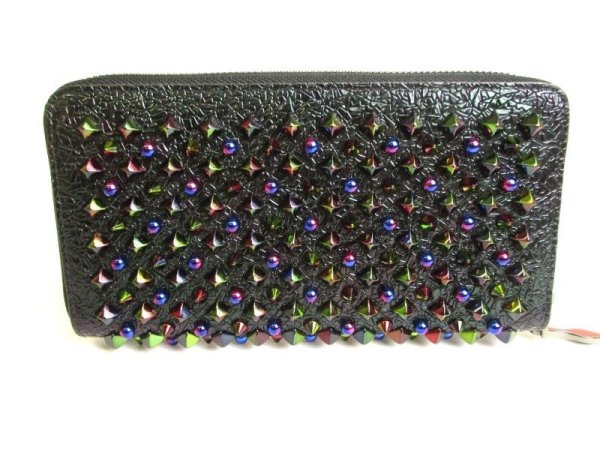 Photo2: Christian Louboutin Panettone Black Leather Multicolor Spikes Round Zip Wallet #9746