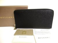BVLGARI Black Leather Round Zip Long Wallet Purse #9758