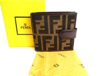 FENDI Zucca Dark Brown Canvas Leather Bifold Wallet Compact Wallet #9777