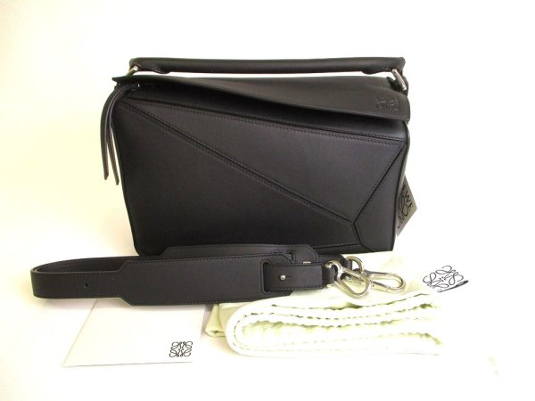 Photo1: LOEWE Black Calfskin Hand Bag Purse Crossbody Bag Puzzle bag w/Strap #9781