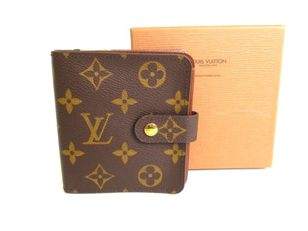 Photo1: LOUIS VUITTON Monogram Brown Leather Bifold Wallet Compact Zippe #9789