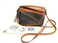 LOEWE Black Brown Calf Leahter Hand Bag Purse Mini Puzzle bag w/Strap #9818