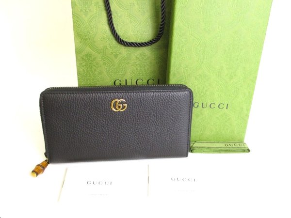 Photo1: GUCCI Marmont GG Bamboo Black Leather Round Zip Long Wallet #9823