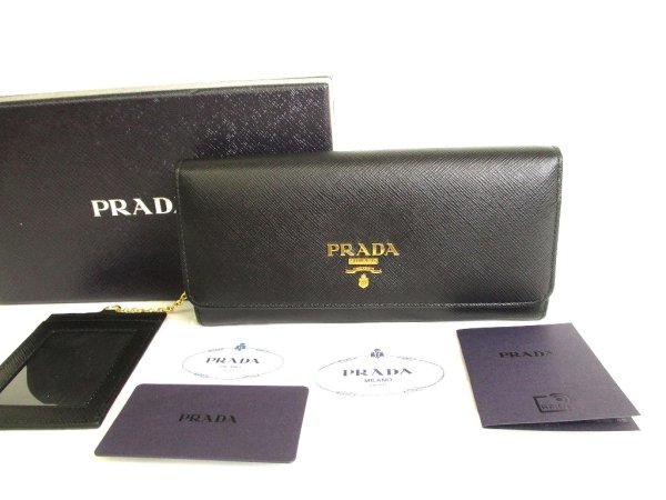 Photo1: PRADA Saffiano Metal Black Leather Bifold Long Flap Wallet #9834