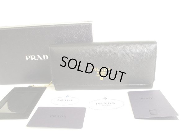 Photo1: PRADA Saffiano Metal Black Leather Bifold Long Flap Wallet #9834