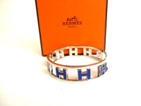 HERMES Silver Plated Blue Bracelet Reversible H Bangle #9836
