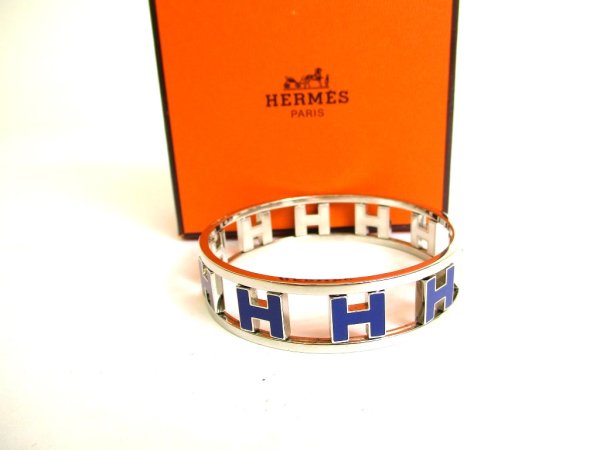 Photo1: HERMES Silver Plated Blue Bracelet Reversible H Bangle #9836