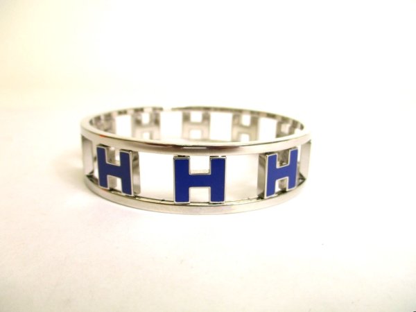 Photo2: HERMES Silver Plated Blue Bracelet Reversible H Bangle #9836