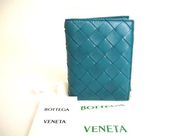 Photo1: BOTTEGA VENETA Intrecciato Blue green Leather Bifold Wallet Compact Wallet #9858
