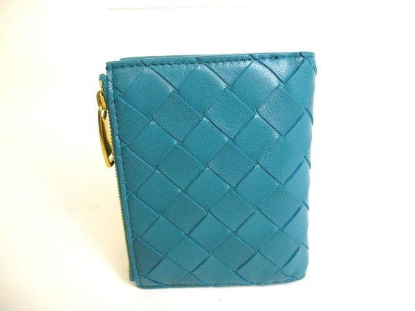 Photo2: BOTTEGA VENETA Intrecciato Blue green Leather Bifold Wallet Compact Wallet #9858