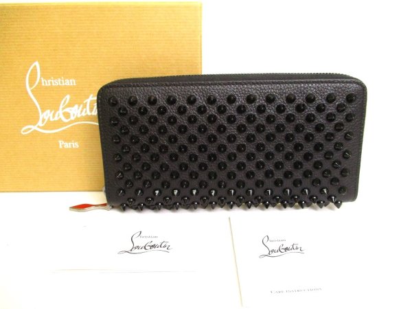 Photo1: Christian Louboutin Panettone Black Leather Spikes Round Zip Wallet #9877
