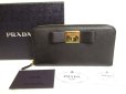 Photo1: PRADA Gold Saffiano Black Leather Ribbon Motif Round Zip Long Wallet #9884 (1)