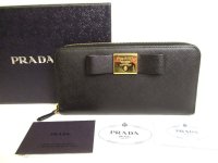 PRADA Gold Saffiano Black Leather Ribbon Motif Round Zip Long Wallet #9884