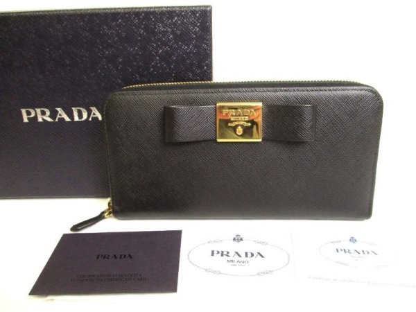 Photo1: PRADA Gold Saffiano Black Leather Ribbon Motif Round Zip Long Wallet #9884