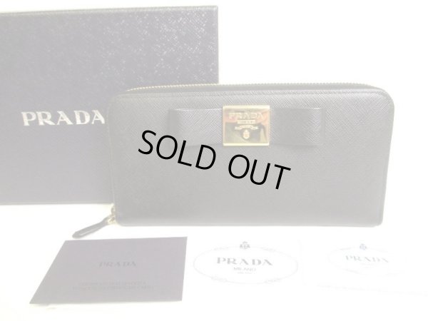 Photo1: PRADA Gold Saffiano Black Leather Ribbon Motif Round Zip Long Wallet #9884