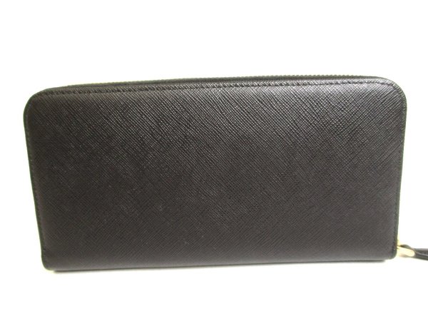 Photo2: PRADA Gold Saffiano Black Leather Ribbon Motif Round Zip Long Wallet #9884