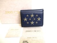 Jimmy Choo Metal Stars Navy Blue Leather Trifold Wallet Compact Wallet #9891