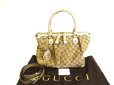 Photo1: GUCCI GG Brown Canvas Gold Leather Hand Bag Tote Bag w/Strap Purse #9908 (1)