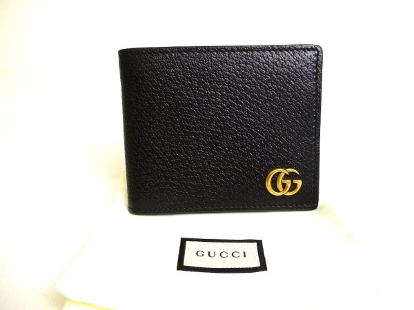 Photo1: GUCCI GG Marmont Black Leather Bifold Bill Wallet Compact Wallet #9909