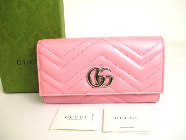 Photo1: GUCCI Marmont G Pink Leather Continental Wallet Flap Long Wallet #9913