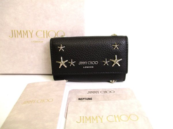 Photo1: Jimmy Choo Silver Metal Stars Black Leather 6 Pics Key Case Neptune #9938