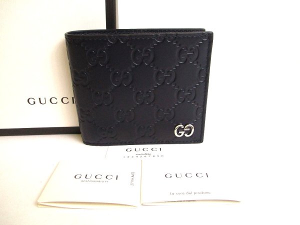 Photo1: GUCCI GG Metal Guccissima Navy Blue Signature Leather Bifold Wallet #9947