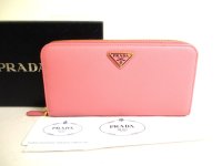 PRADA Pink Saffiano Triang Leather Round Zip Long Wallet #9968