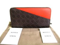 BOTTEGA VENETA Intrecciato Brown Red Bicolored Leather Around Zip Wallet #9974