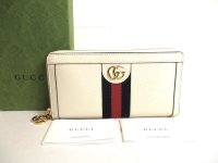 GUCCI GG White Leather Web Stripe Ophidia GG Zip Around Wallet #9976